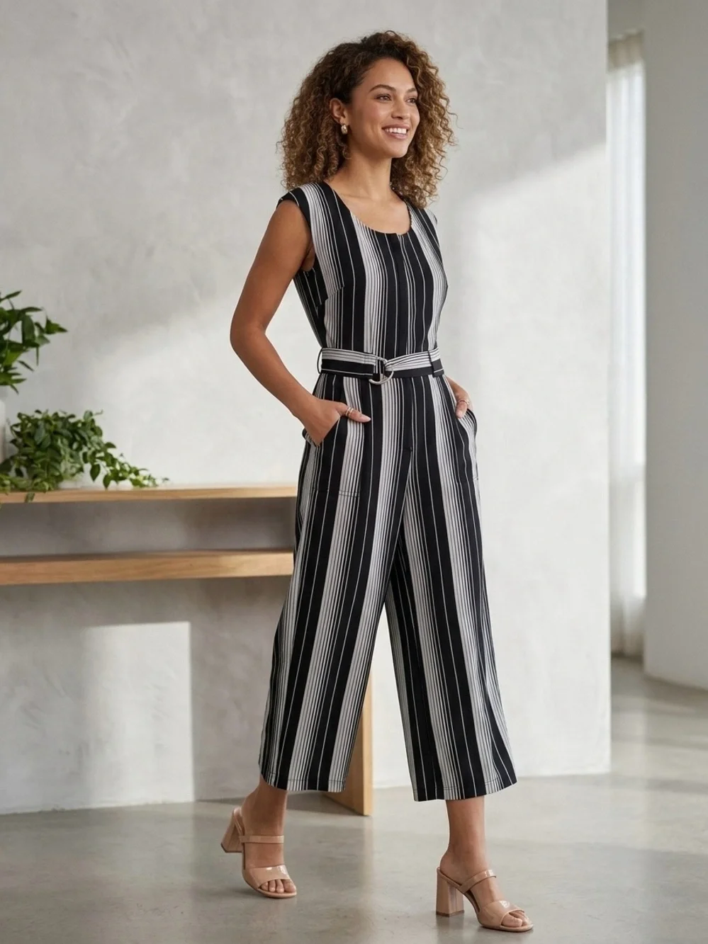 Taylor Black and White Striped Sleeveless Jumpsuit with Belt Size 2